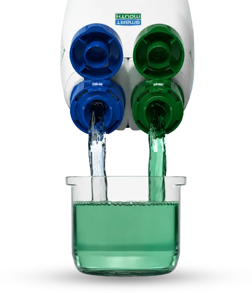SmartMouth dual-solution bottle pouring into a cup