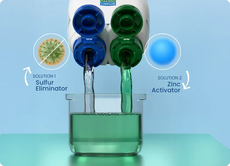 SmartMouth dual-solution bottle pouring into a cup