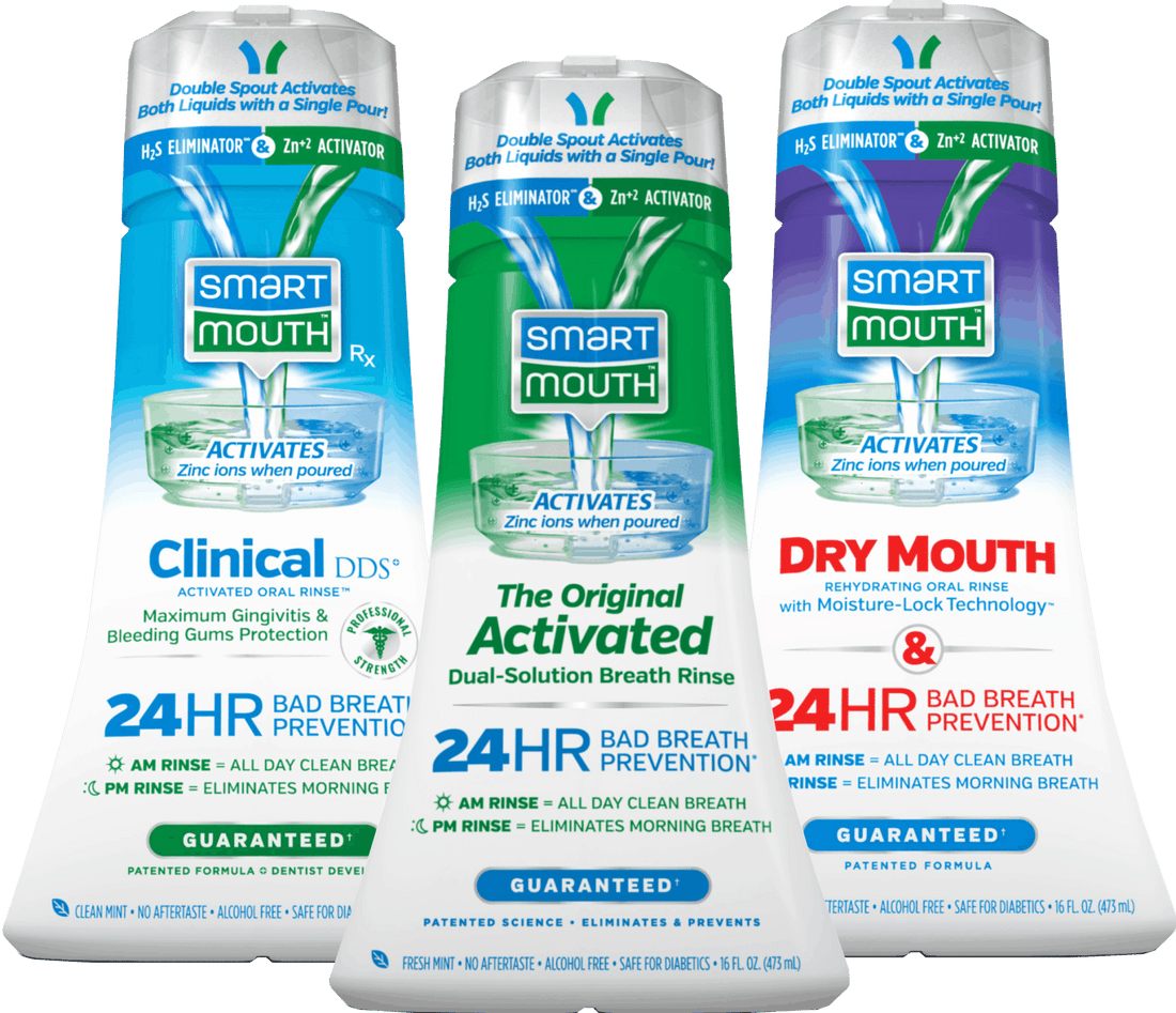 Clinical DDS, Original Activated, and Dry Mouth SmartMouth Mouthwash Bottles