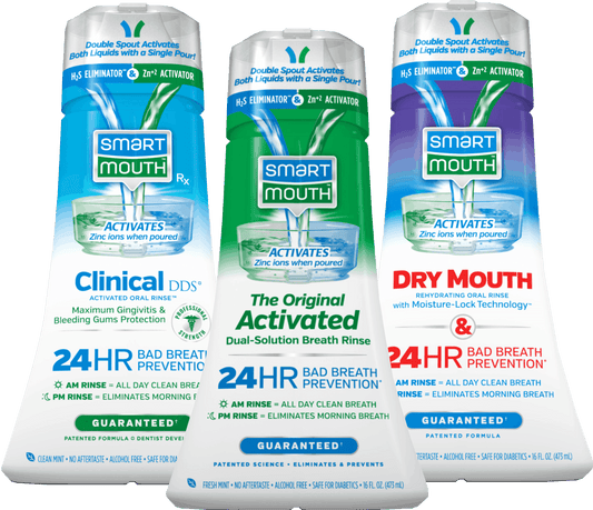 Clinical DDS, Original Activated, and Dry Mouth SmartMouth Mouthwash Bottles