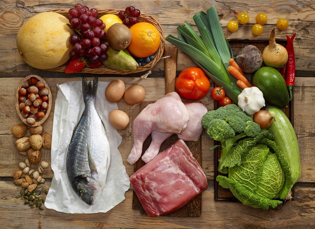 Chicken, fish and other food laid out